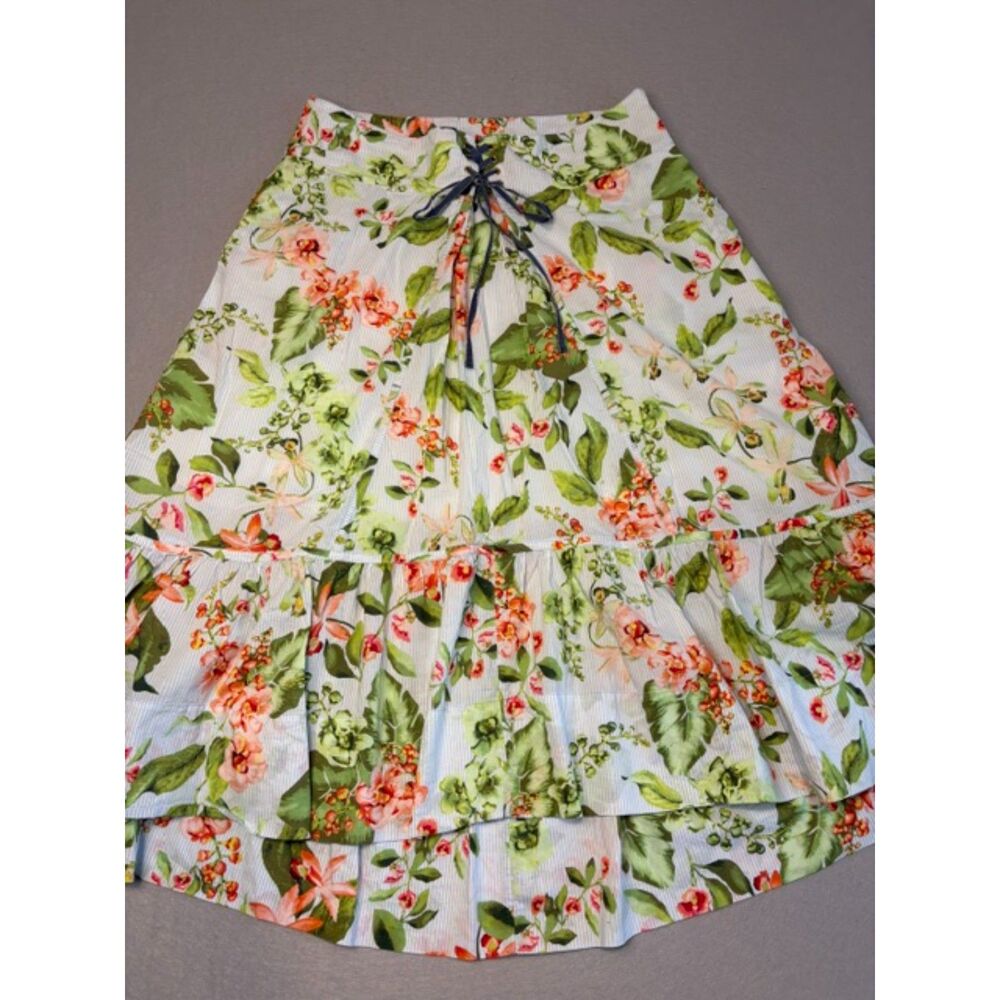 Tommy Hilfiger Floral Corset Tie Ruffle Hem Peasant Midi Skirt 14 Pockets Lined